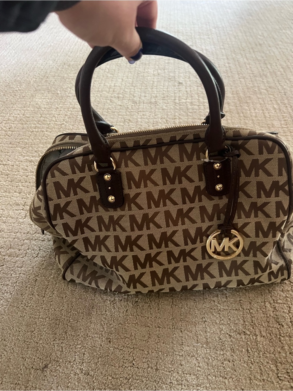 Michael Kors Brown and Beige MK Monogram Satchel